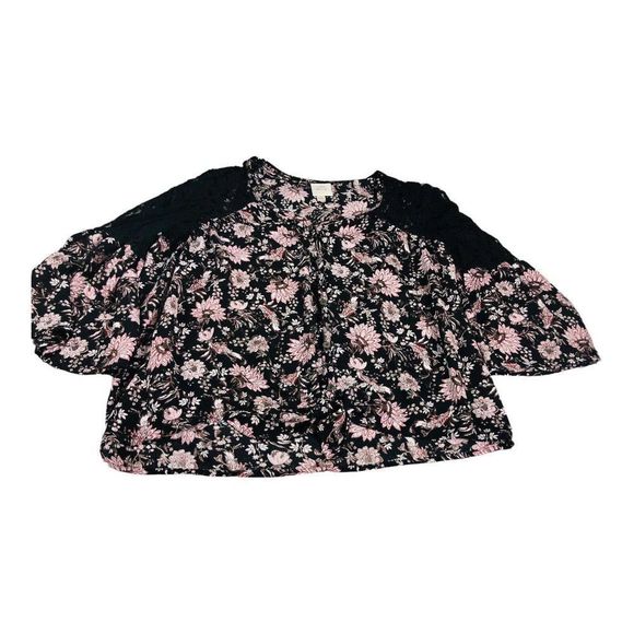 2167 Knox Rose Black Floral Lace Trim Tie Button Front Blouse Top Sz Large - Picture 1 of 10